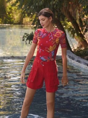 NWT Johnny WAS Red Butterfly Mesh Tee - L